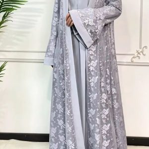 abaya dubai luxe gris perle en dentelle